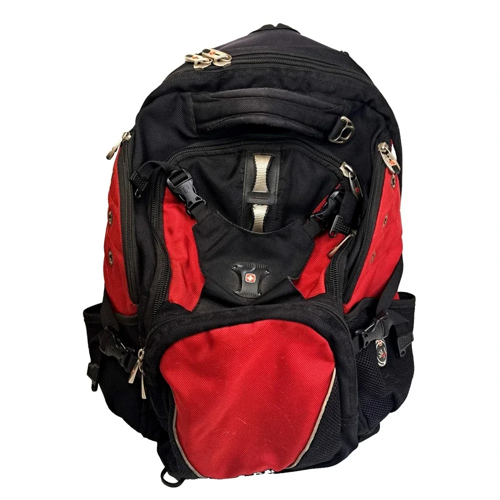 SwissGear Maxxum Black Red Laptop Travel Backpack Heavy Duty Padded Media Pocket